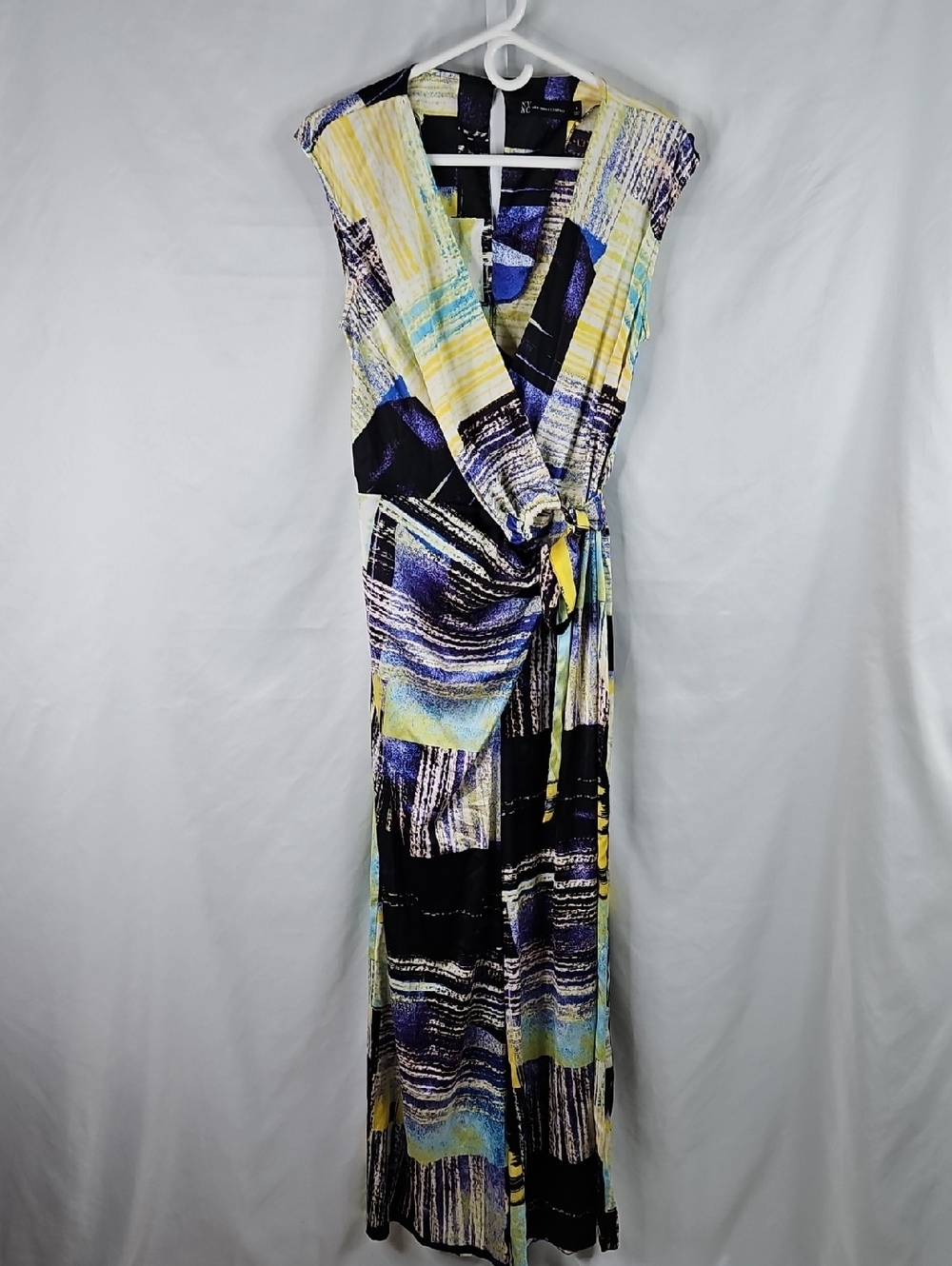 New York & Company Abstract Print V-Neck Wide Leg Jumpsuit  Yellow & Blue Sz Med